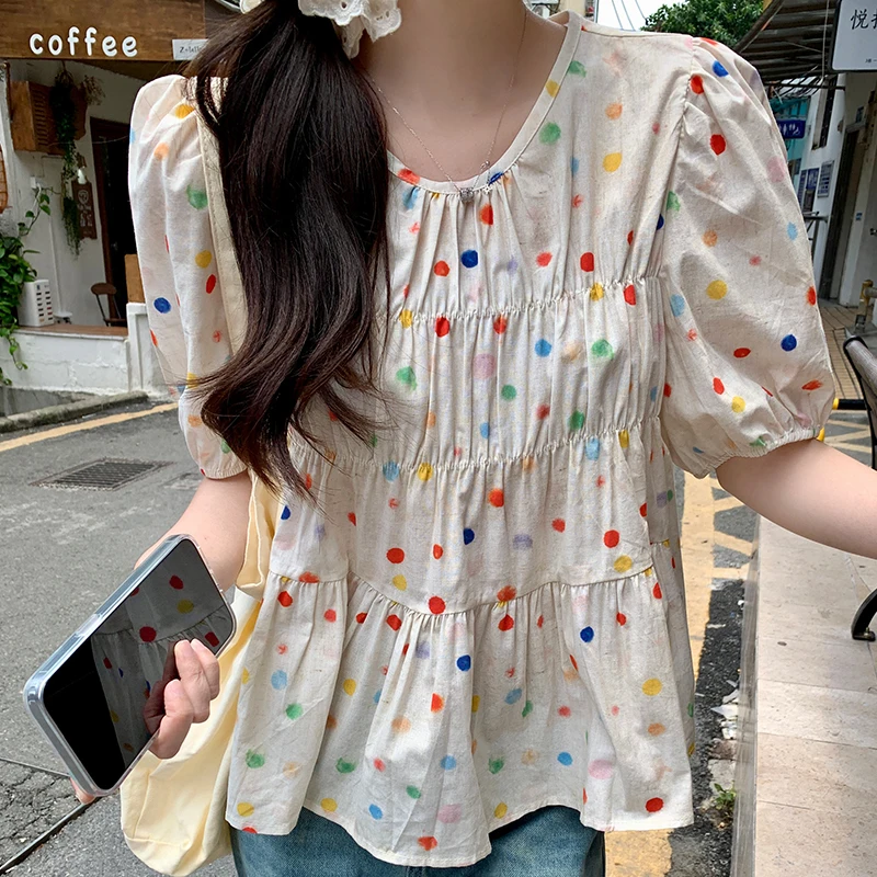 

Colorful Polka Dot Tops Women Bubble Short Sleeve Loose Casual Blouse Shirt Clothes