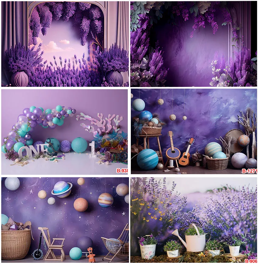 

Purple Lavender Flowers Backdrops Photography Cake Smash Birthday Party Decor Universe Balloons Backgrounds Photocall Banner