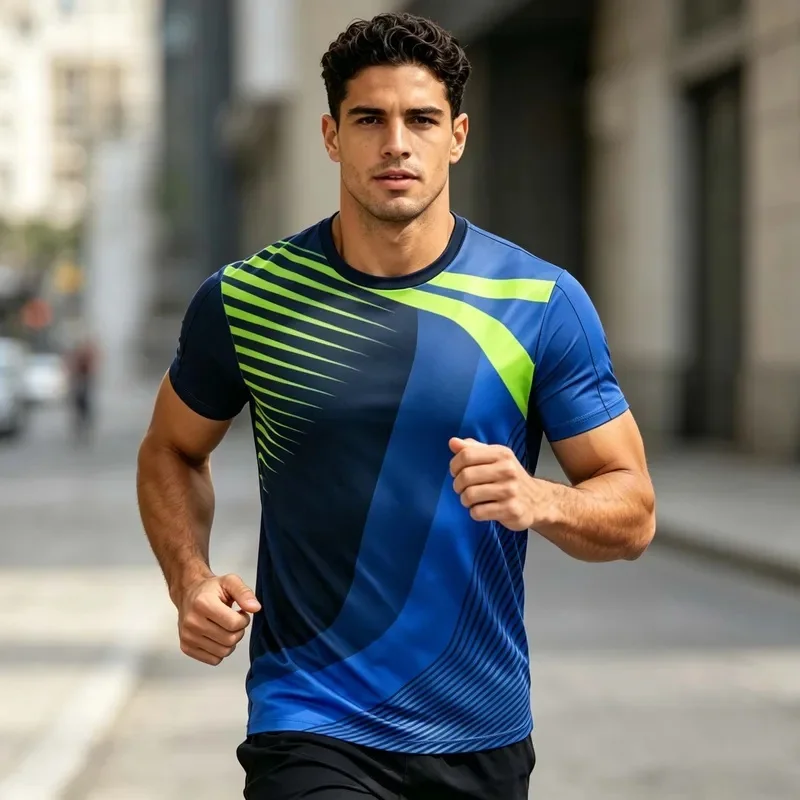 Herren Schnelltrocknende Sport-T-Shirts Farbverlauf Blau-Grün Bedruckt Kurzarm Atmungsaktives Trainings-Gym-Shirt Sommer Activewear