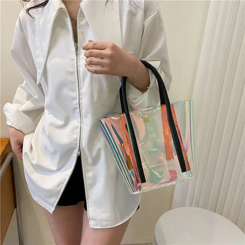 2023 New Fashion Bag Fashion Laser Jelly Bag Shoulder Bag Casual Street Large Capacity Transparent Love Handbag for Women Design