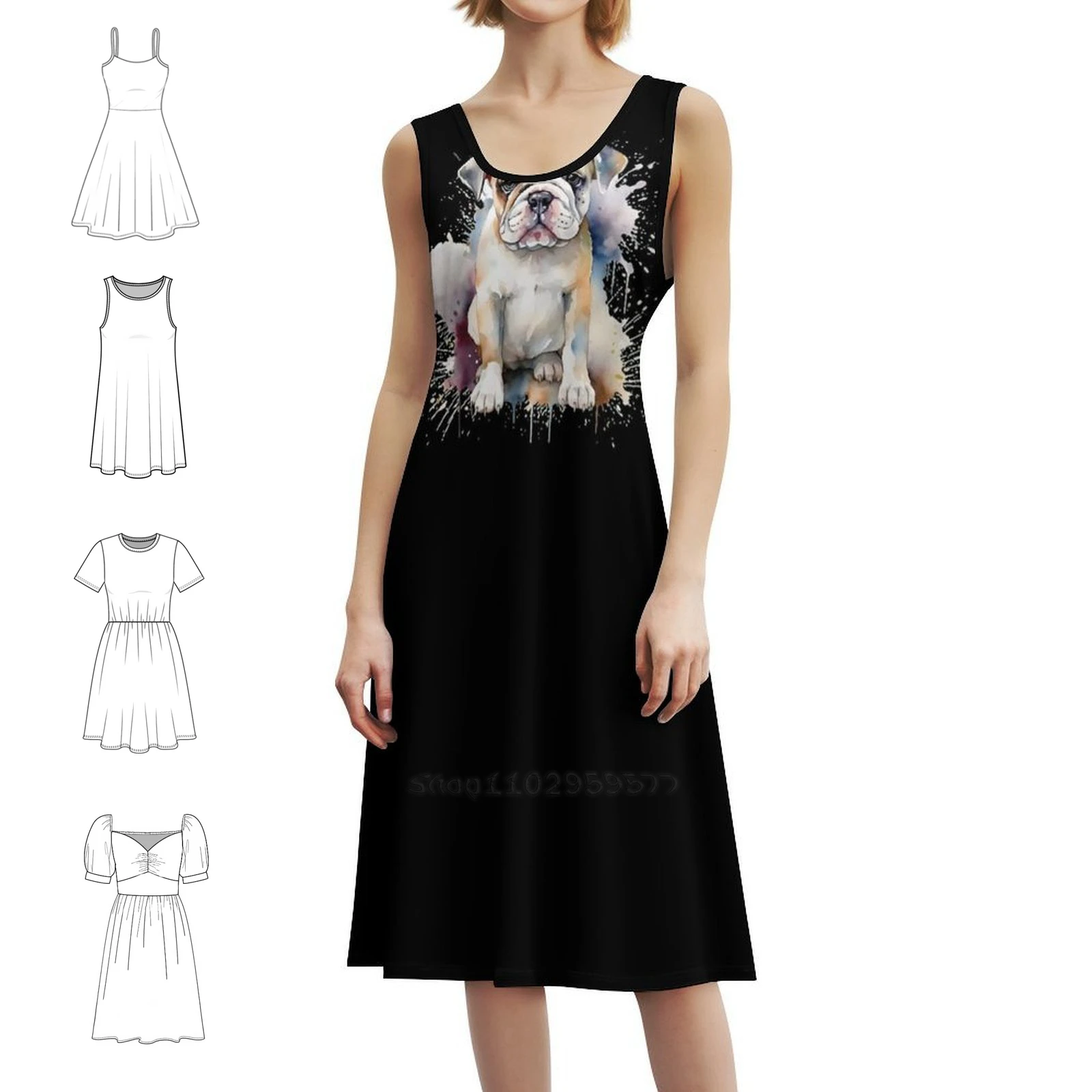 الملونة المائية الإنجليزية البلدغ جرو الكورية نمط فستان كاجوال للنساء بسيط اليومية مكتب سيدة فساتين الإنجليزية البلدغ #1