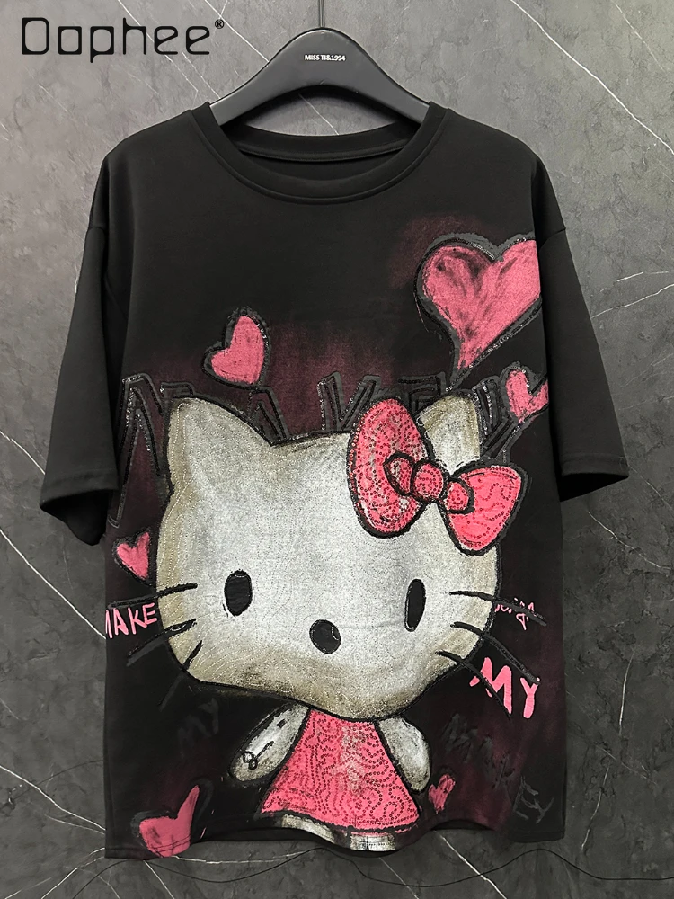 

Cartoon Cat Sequin Print Short Sleeve T-Shirt for Women Spring Summer Sequined Thickened High-end Short Sleeve Tops 2025 New