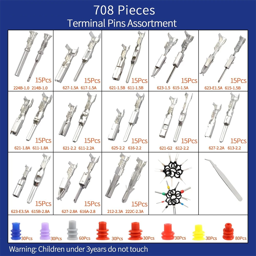 

708PCS Car Electrical Wire Terminal Pins Connectors Kit,1/1.5/1.8/2.2/2.8/3.5mm 26Type Connector Non-Insulated Plug Removal Tool