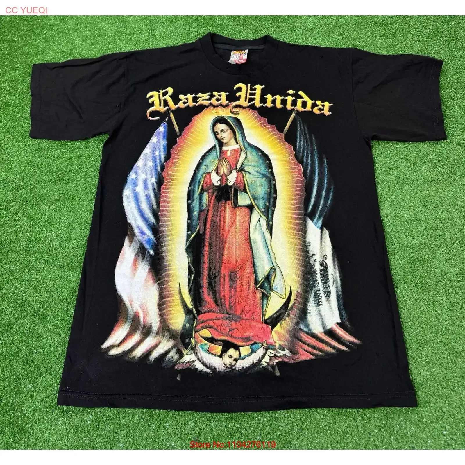Vintage Virgen De Guadalupe Raza Unida Jesus Christ Mexican T Shirt Men s Size L vintage Washed Top For Everyday Wear fashion