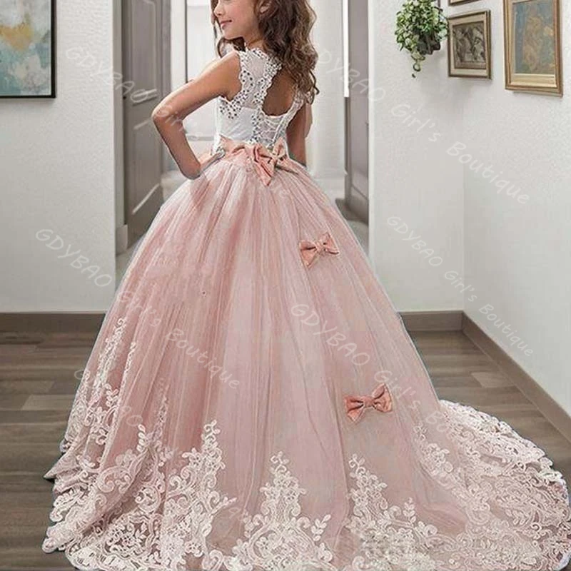 فستان فتاة الزهور الخضراء لوصيفات العروس لحفلات الزفاف مزين بالخرز من التل فستان التواصل الأول مع فيونكة/وشاحات فستان حفلات مخصص