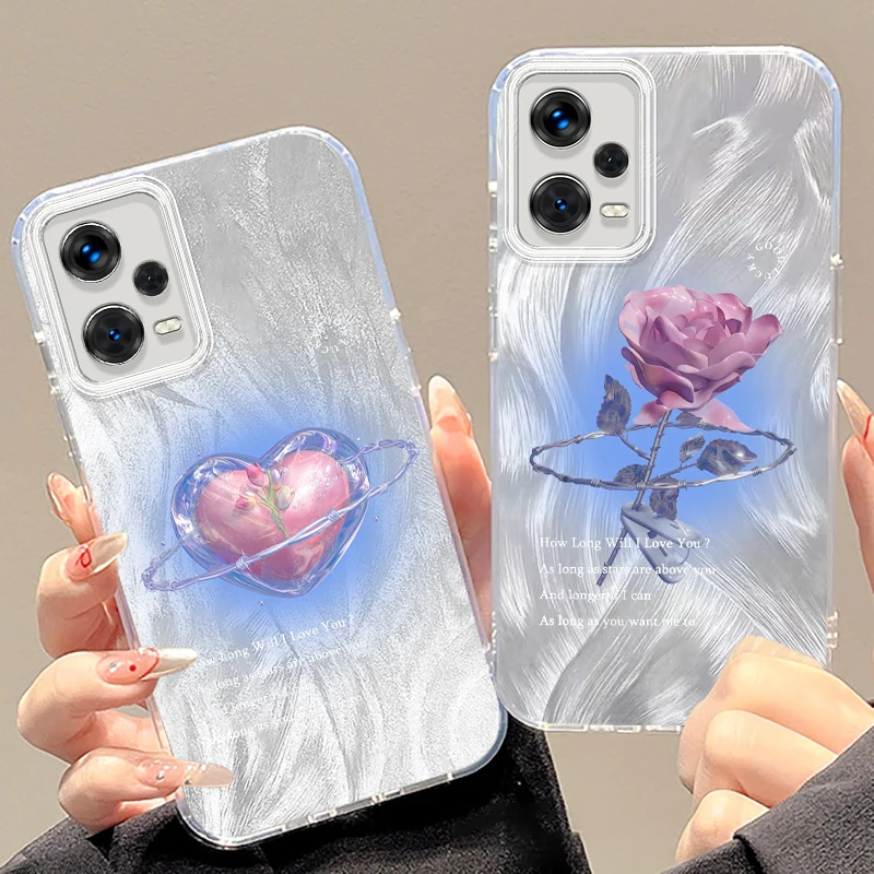 

Rose Love Metal Art For Xiaomi Redmi Note 13 12 11 11S 10 10S 9 9S 8 Pro Plus Max 5G Feather Yarn TPU Phone Case
