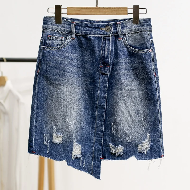 

Spring New Arrival Women's Distressed Uneven Denim Skirt High Waist A-line Skirt with Pockets Cotton 95% Other Materials 5%