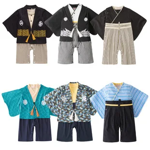 3Pcs Baby Boys Japanese Kimono Style Infant Cotton Yukata Boys Jumpsuit Clothes Costume Newborn Kawaii Samurai Kimono Party Outf