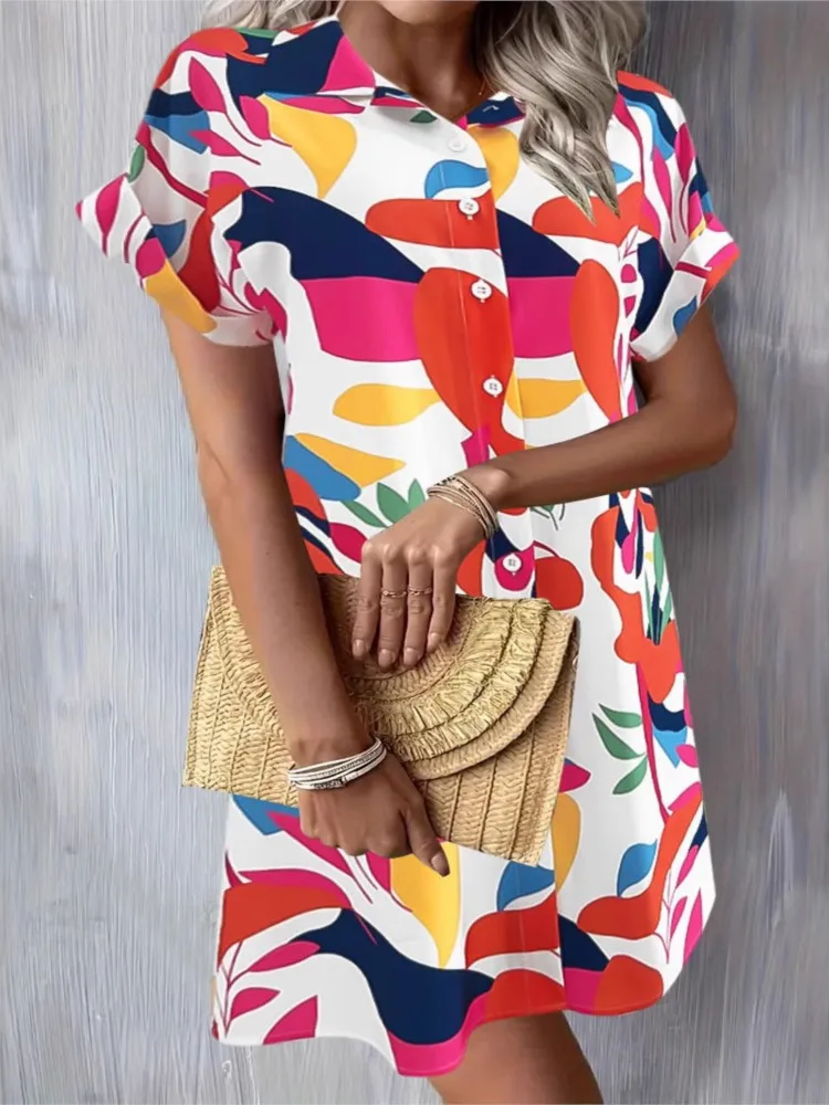 Robe d'été à manches courtes pour femmes, nouvelle mode, tempérament, revers, taille ample, chemise imprimée, boutons, robes décontractées