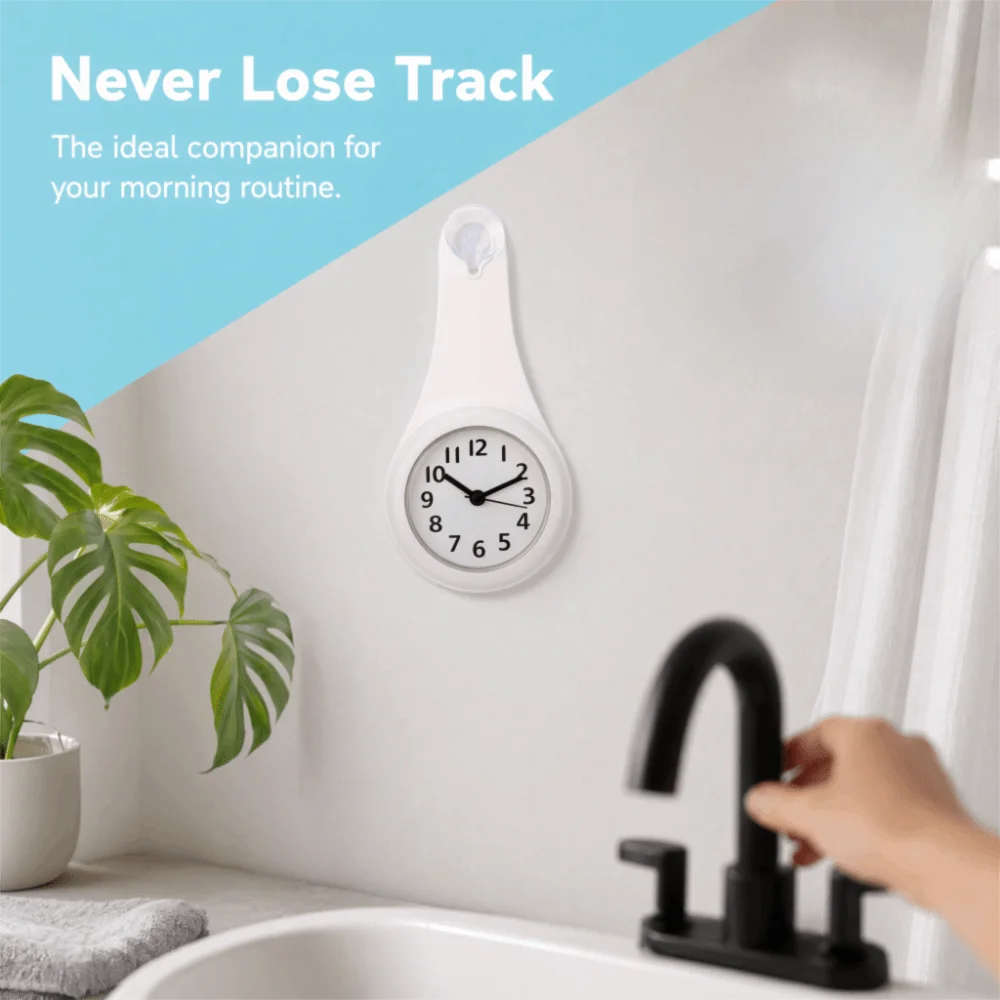 Plastic Hanging Bathroom Clock White Pink Blue Waterproof Shower Clock Suction Cup Hanging Design Anti-Fog Clock