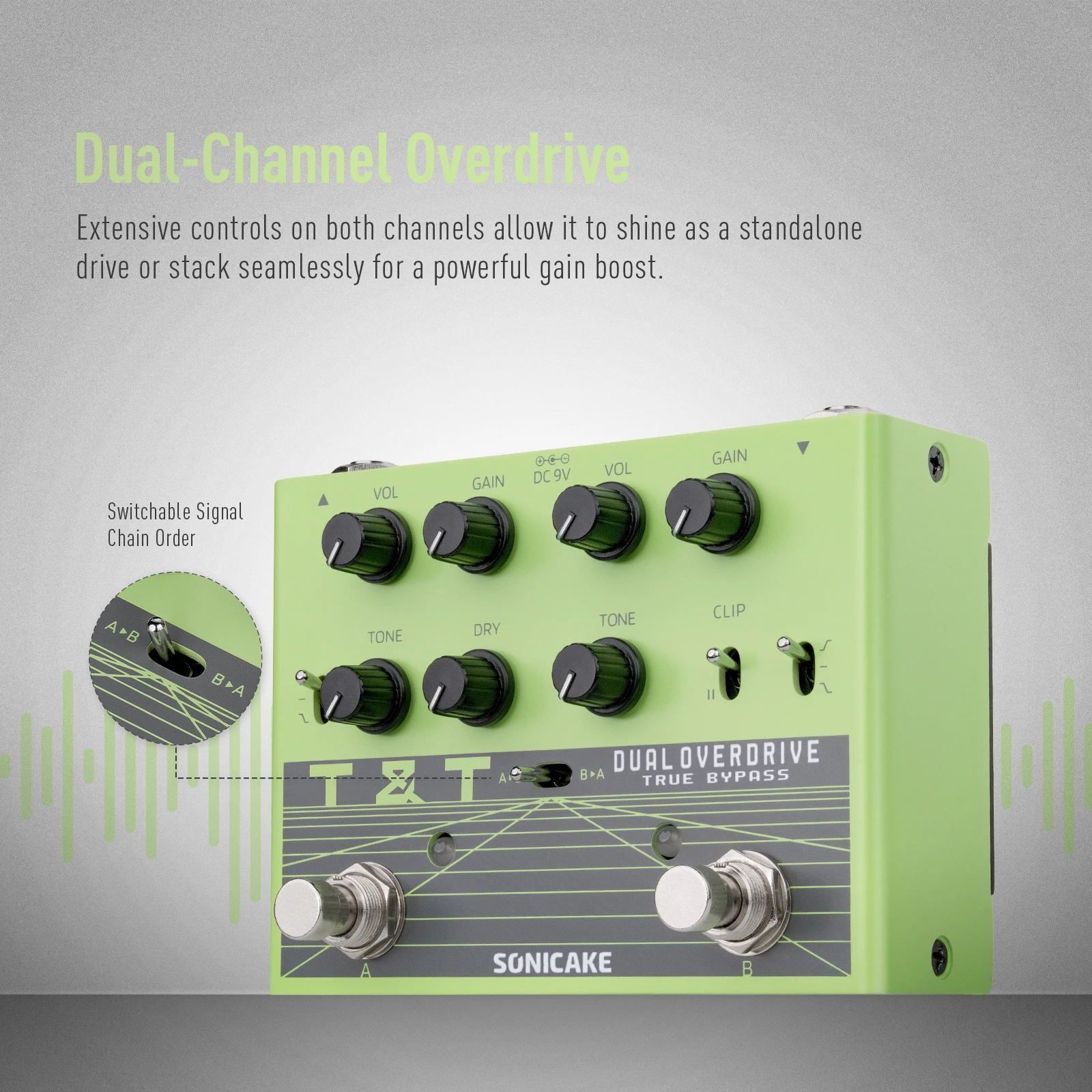 Controles do pedal SONICAKE T&T QDS-07 overdrive dual channel