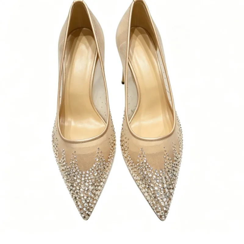 JC Crystal Mesh Pointed Toe High Heels Wedding Bridesmaid Pumps Elegant Women