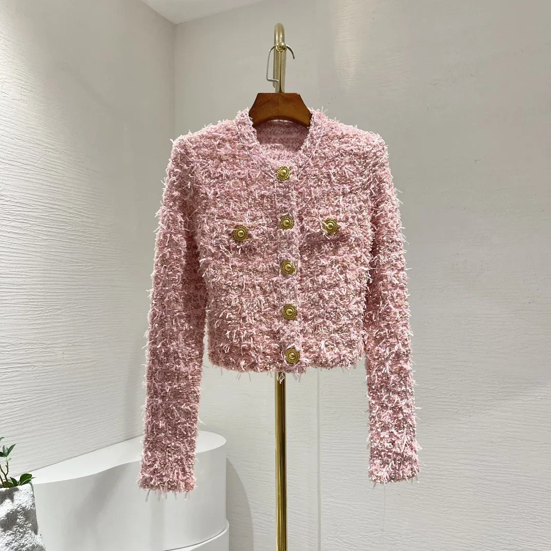 

Newest High Quality Women Pink Gold Buttons Long Sleeve Knit Coat Tops