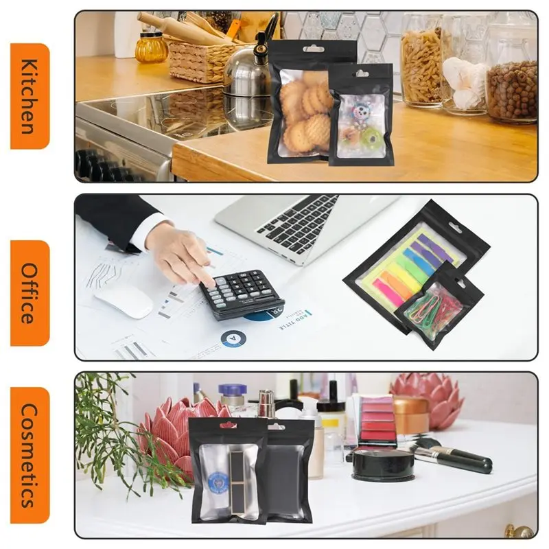 AT63-Plastic Packaging Pouches 100 Pcs Resealable Foil Bags With Clear Window, Black 3.5 X 6.3 Inch For Small Business