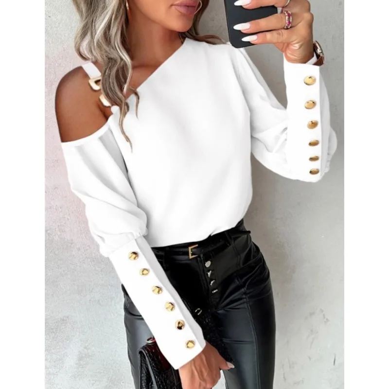 Versatile Off Shoulder Blouse Women Casual Long Seelve Metal Buckle Elegant Button Decor Shirts Famale Fashion Lady Loose Tops