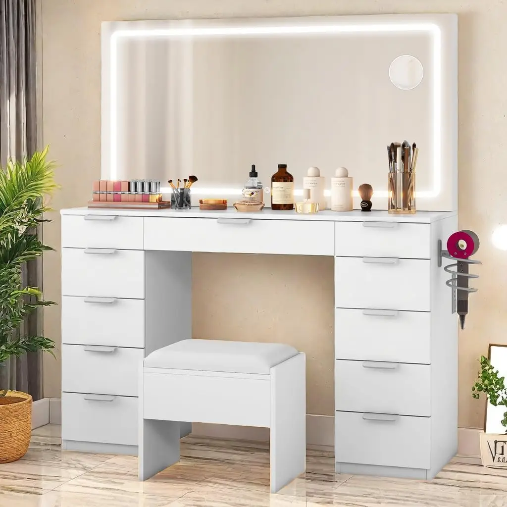 Dressing Vanity Desk with Spacious LED-Lit Mirror & Electrical Socket 11 Drawer Cosmetic Makeup Table with Magnifier