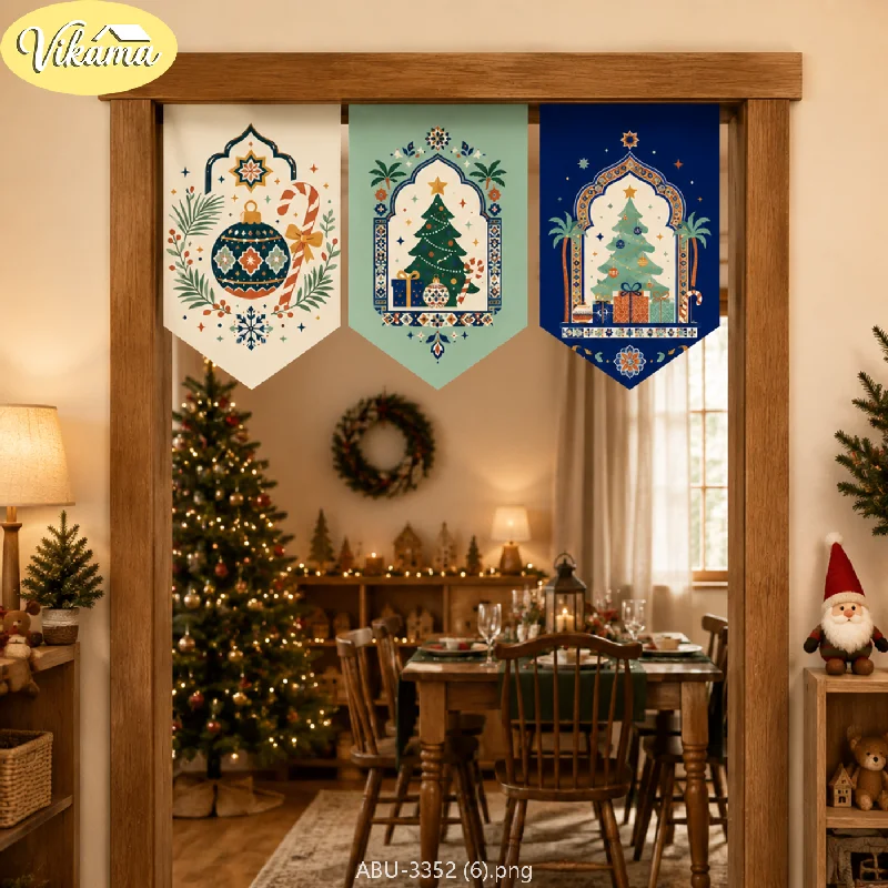 VIKAMA Christmas Triangle Bunting, Moroccan Boho-Style Printed Triangle Bunting, Christmas Party Home Decor