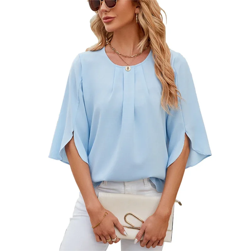 

Women Ruffle Half Sleeve Chiffon Shirt Pleated O Neck Pullover Solid Color Blouse Female Loose Comfortable Commuter Casual Tops