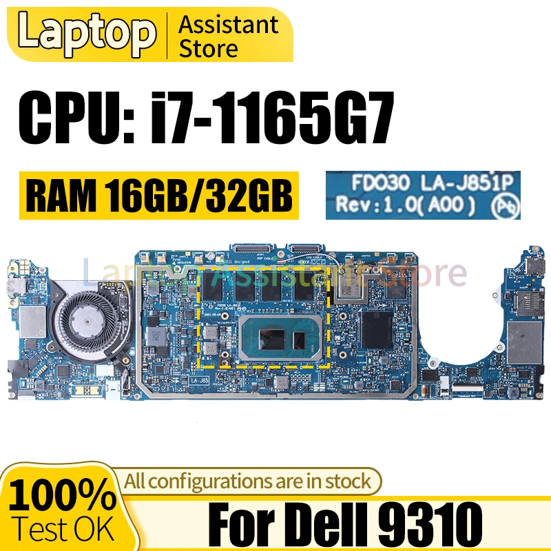 

LA-J851P For Dell 9310 Laptop Mainboard 0062CR 0NVVG0 i7-1165G7 i7-1165G7 32GB 16GB Notebook Motherboard