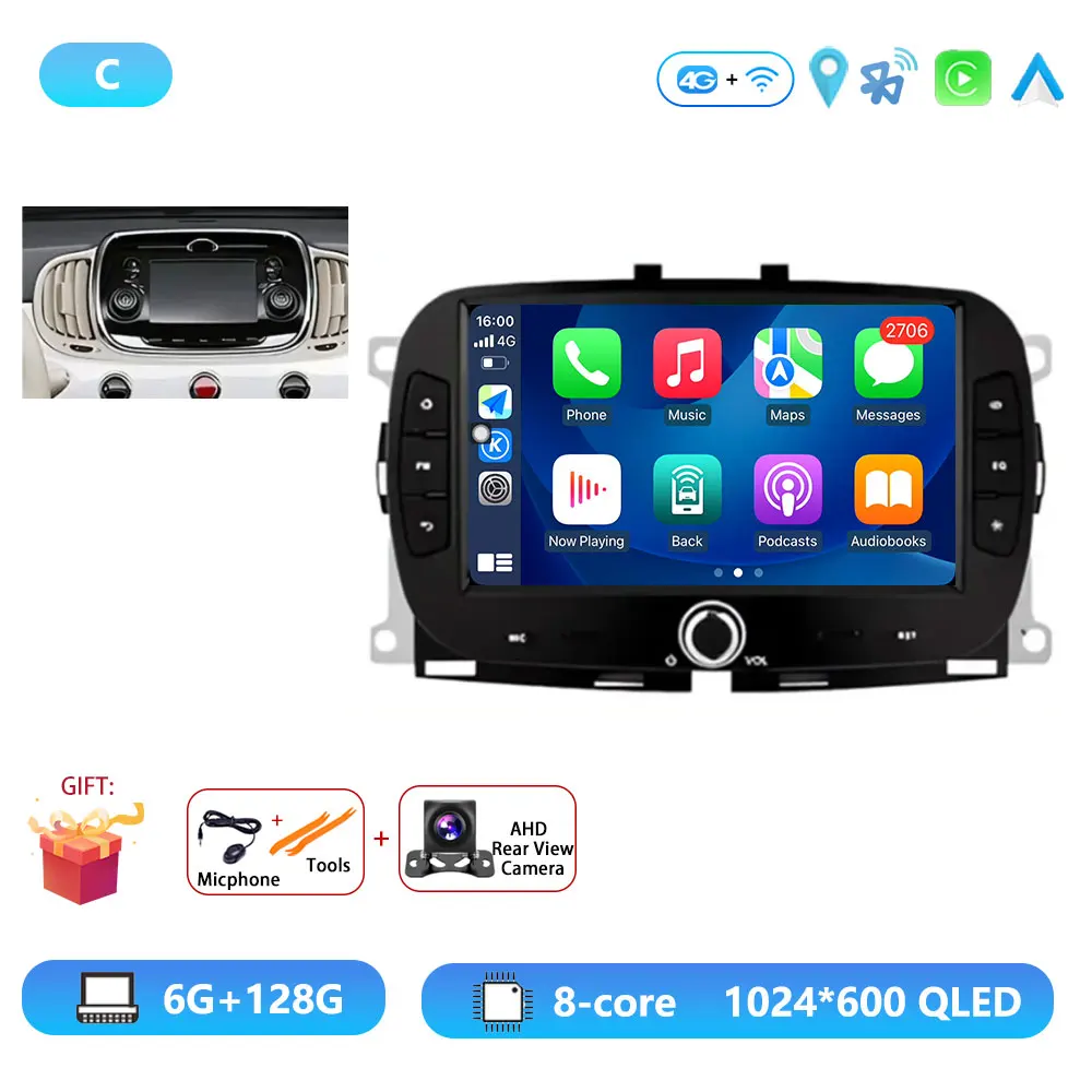 Android15 Voor Fiat 500 2016-2019 Autoradio Multimedia Speler Video Navigatie Carplay Stereo GPS WIFI DSP Carplay Android auto