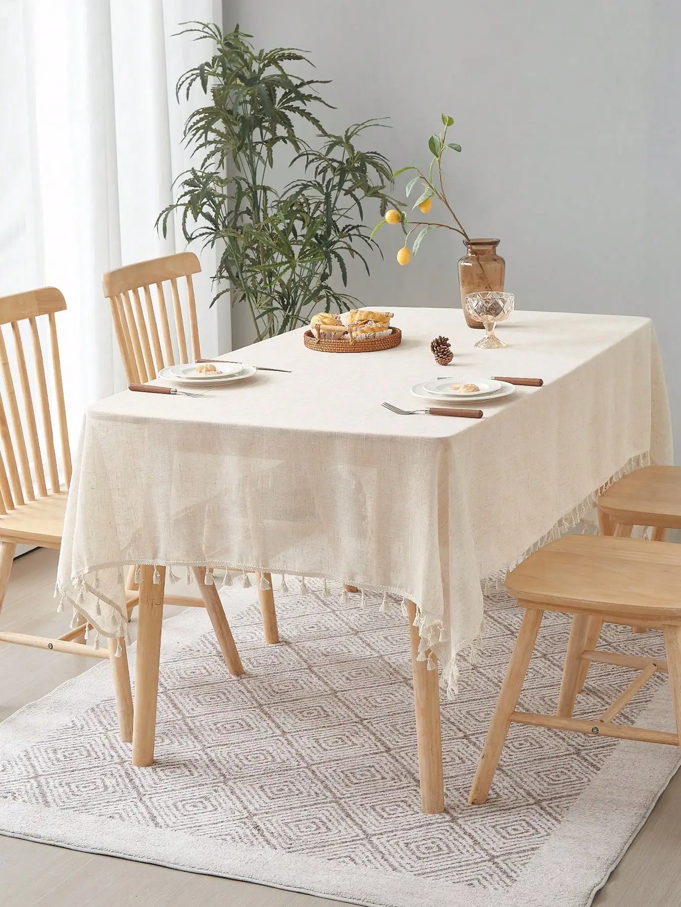Beige linen square tablecloth, retro countryside style, kitchen living room coffee table decoration tablecloth