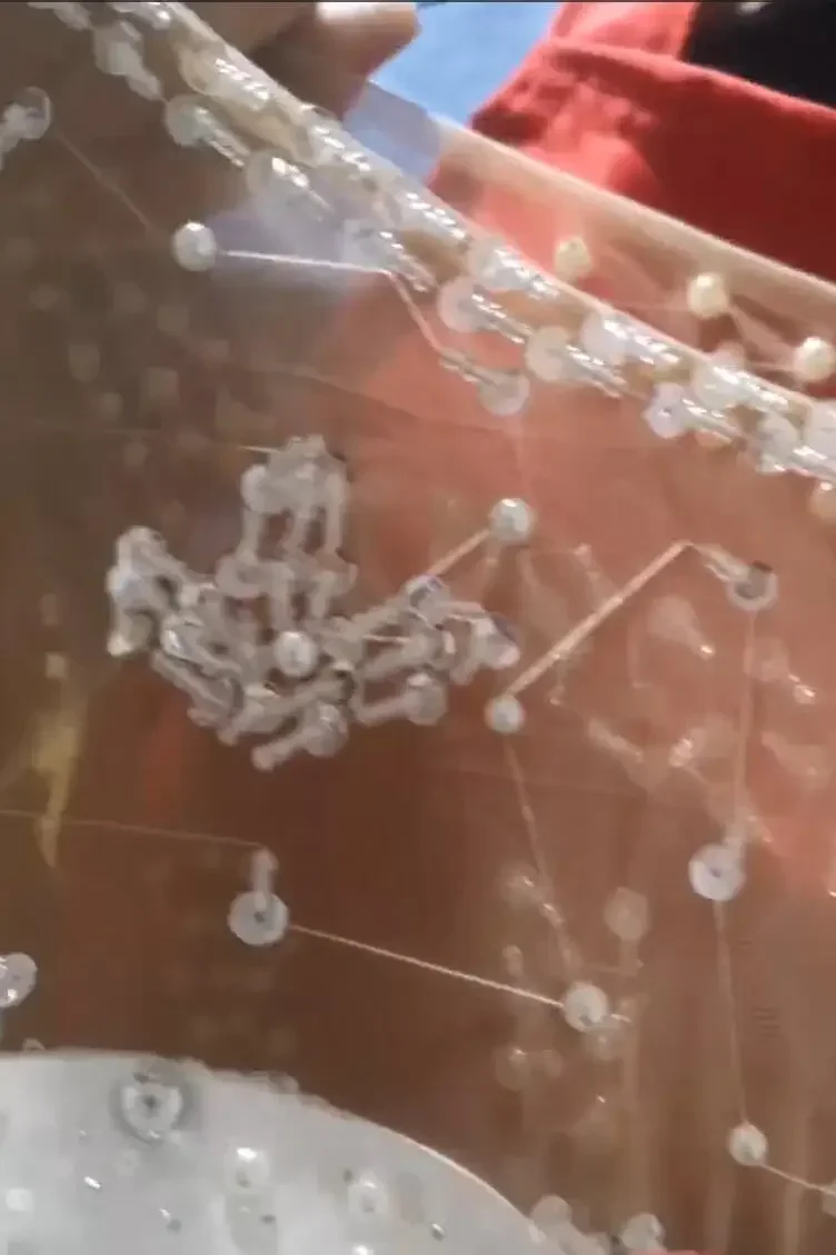 カスタマイズされたシャイニーパールビーズのウェディングドレスローブデマリーアイリュージョン長袖カスケードフリルブライダルドレス