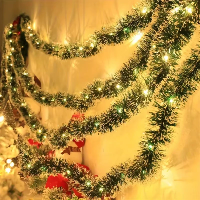 2m Christmas Tinsel Garland Artificial Christmas Garland With LED Lights  Xmas Metallic Twist Hanging Garland Fireplace