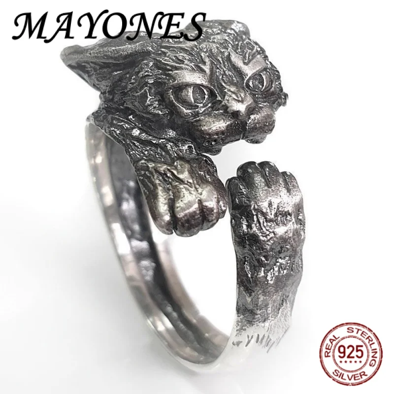 

Russian Cat Ring 100% 925 Silver Retro Cute 3D Carving Animal Design Women's Ring Gift