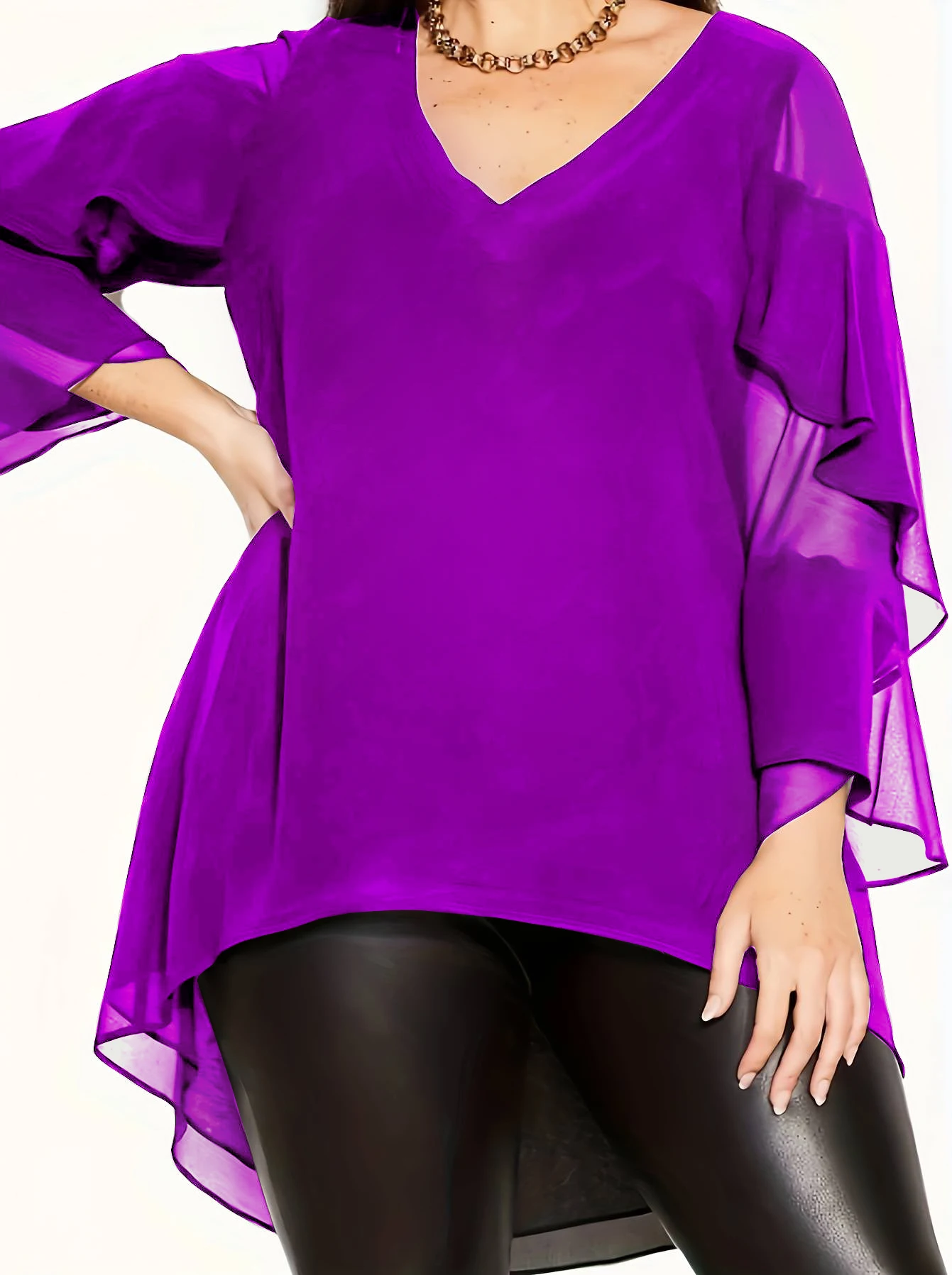 Women Plus Size Chiffon T shhirt Autumn New Fashion Layered Ruffle Sleeve Top Mesh Patchwork Asymmetric V-Neck Elegant Tee Top