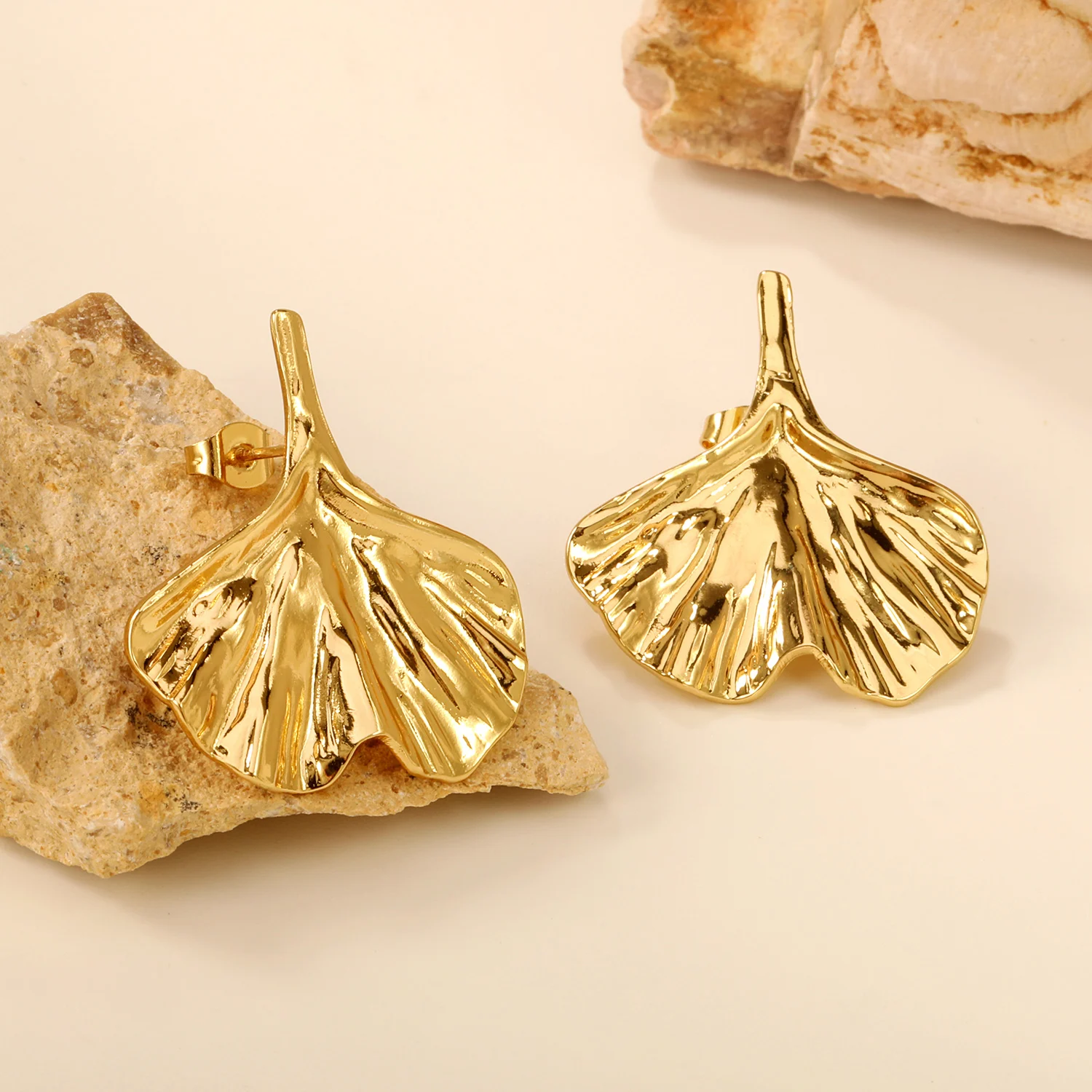 LUXUSTEEL Women's Gift Fashion Jewelry Wrinkled Ginkgo Leaves Anti Allergy Earrings Gold Color Stainless Steel Luxury Jewelry