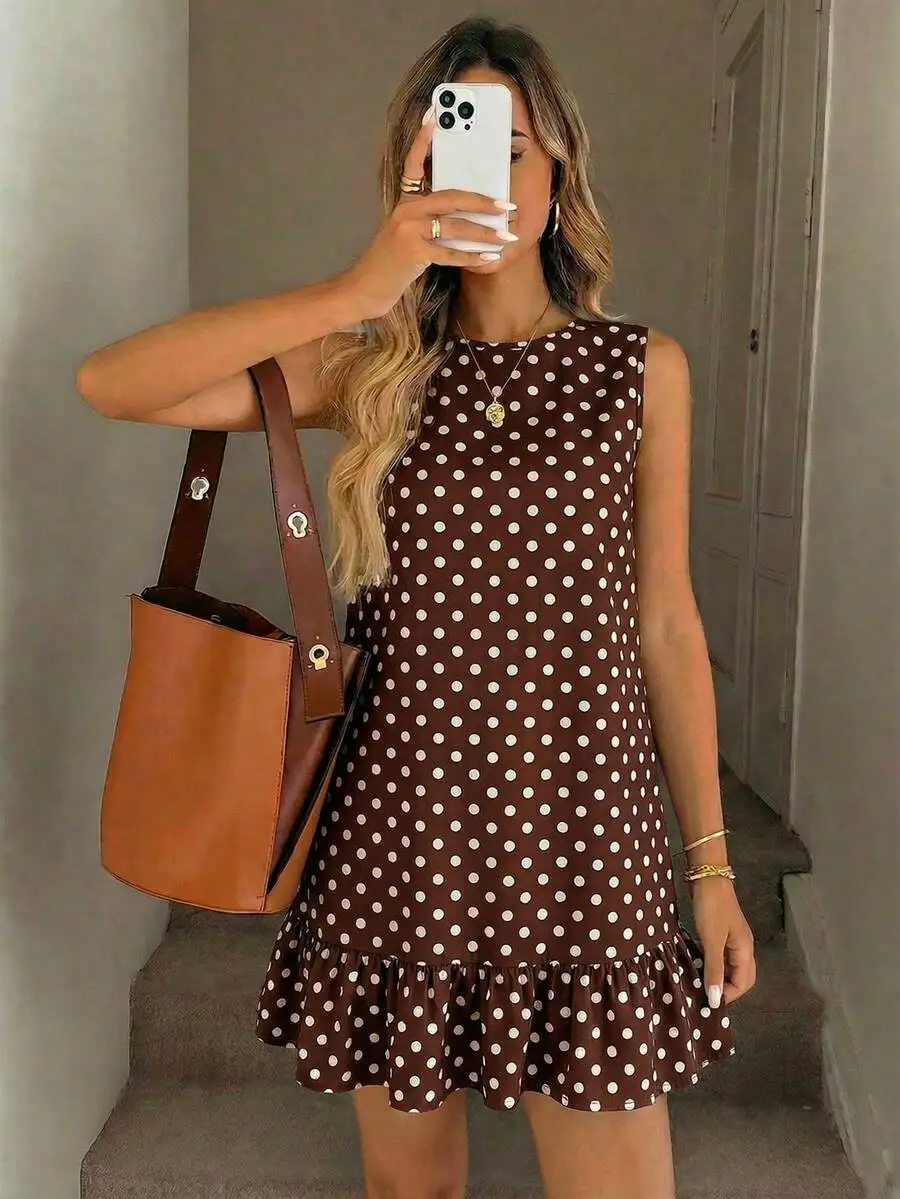 Minivestido sin mangas con lunares marrones y blancos, vestido informal bohemio retro de verano para mujer