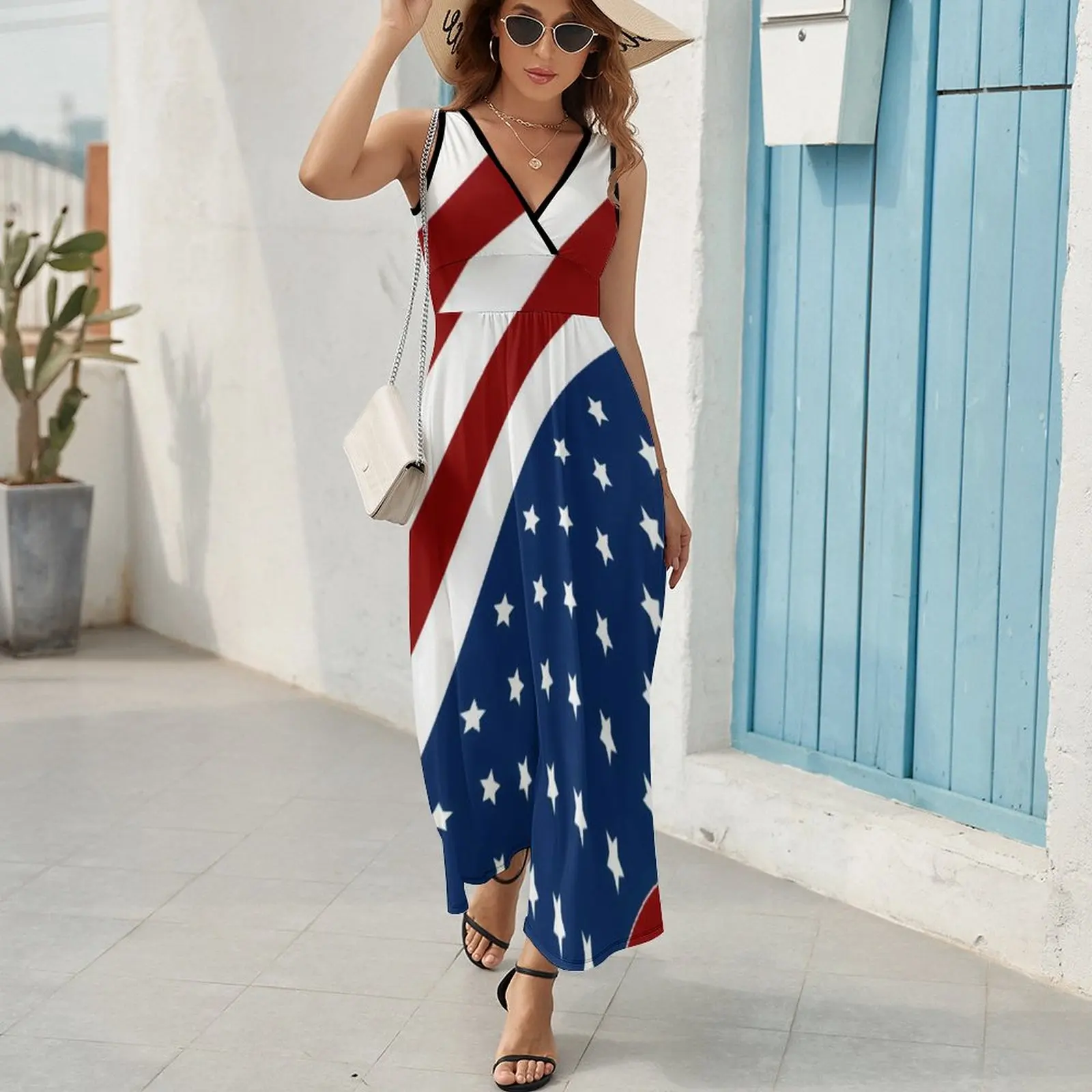 American Flag Dress Patriotic Flag Star Design Boho Beach Long Dresses V Neck Print Maxi Dress Korean Fashion Clothes Oversize