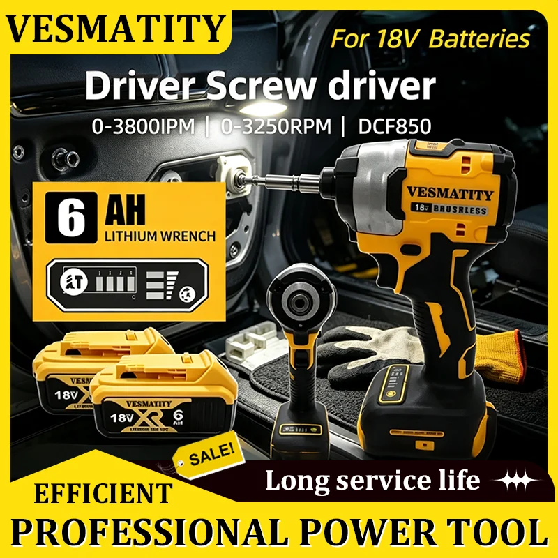 Intelligent 205N.m 3250RPM DCF850 Cordless Impact Driver High‑Torque Electric Power Tool Compatible with 18V Lithium Battery