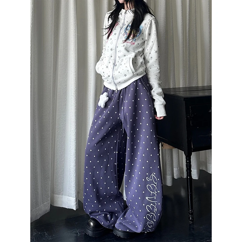 American Retro Star Print Curved Knife Casual Pants Women Summer New Dstring Loose Drapey Wide Leg Trousers Trendy
