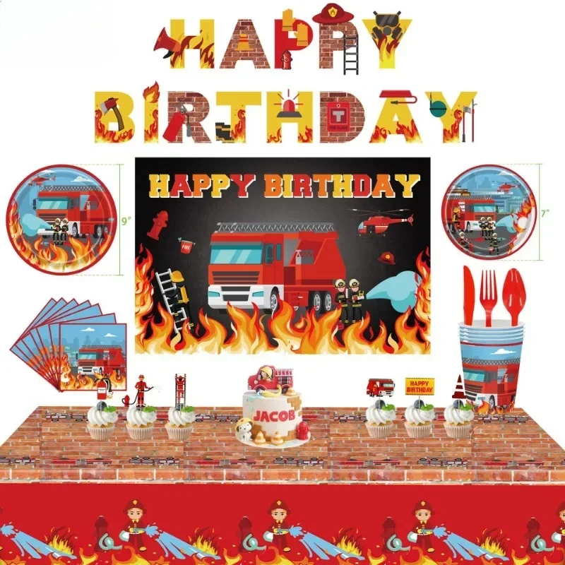 Disney Children\'s Birthday Party Fire Truck Theme Dining Plate Paper Cup Disposable Set