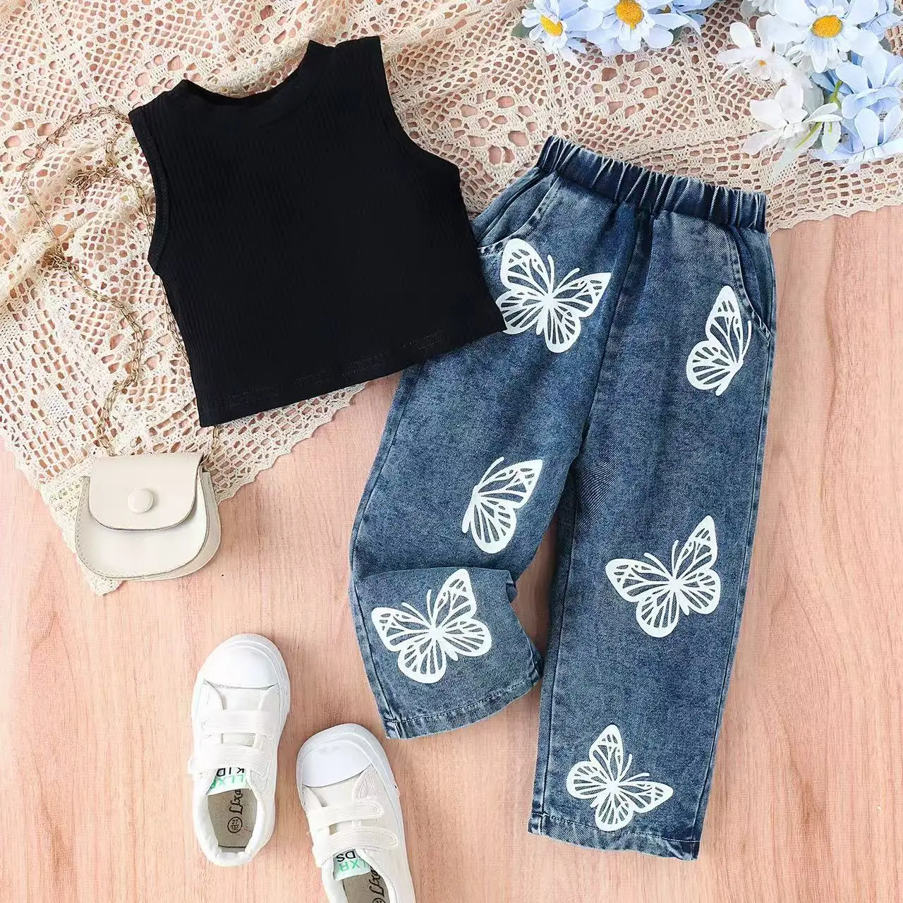 Kids Clothing Suits 2-7 Years Children Girls Denim Clothes Outfits Sleeveless Tops Floral Pants 2 Pcs Summer Toddler