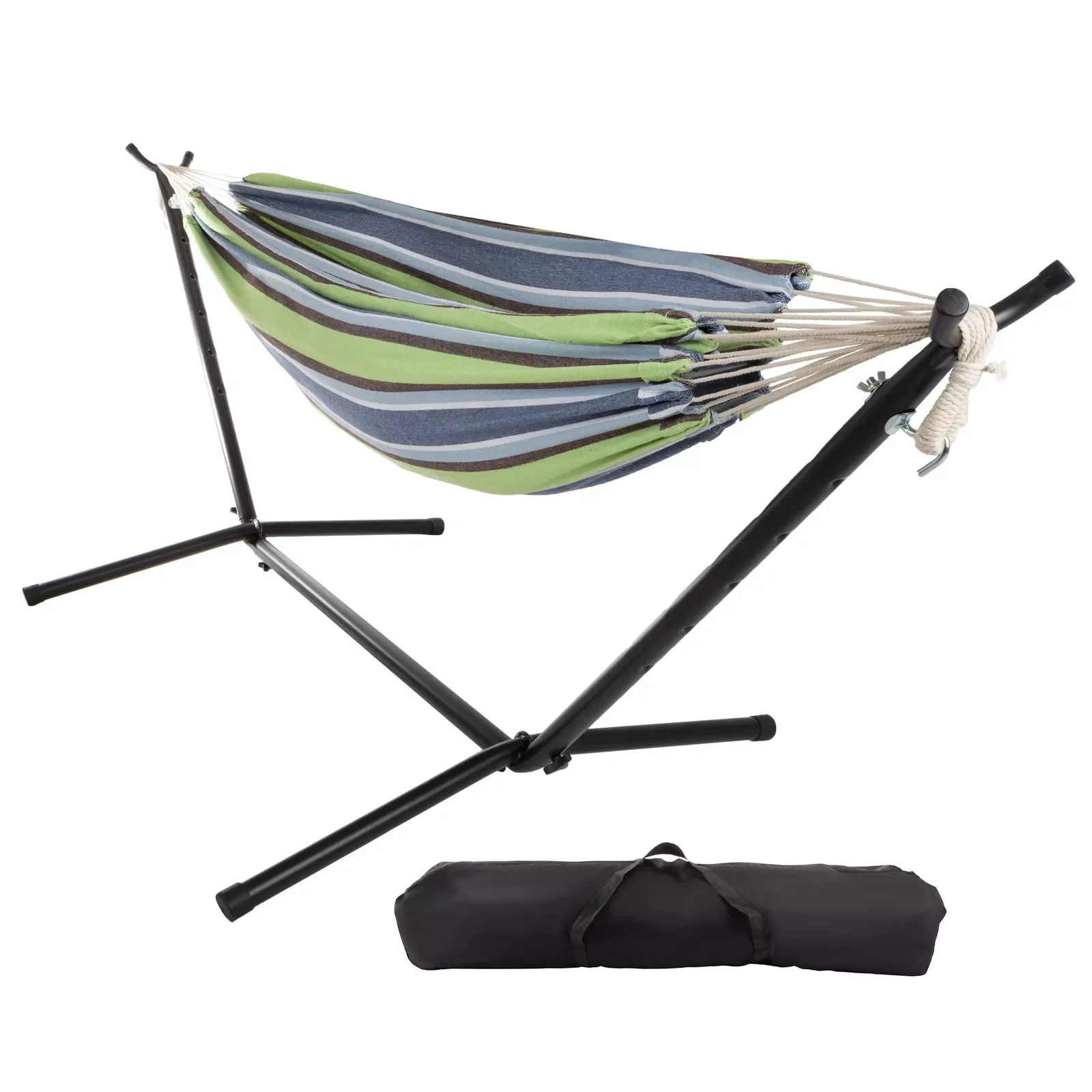 US- Hammock with Stand 2 Person Double Hammock with Carry Bag, Blue/Green Stripe