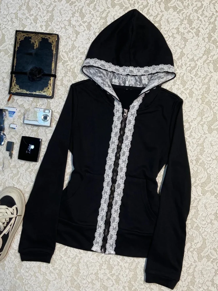 

Винтажная кружевная толстовка с капюшоном для женщин Y2k, эстетичная молния, облегающая талия, короткие пальто, уличные готические толстовки в стиле Харадзюку