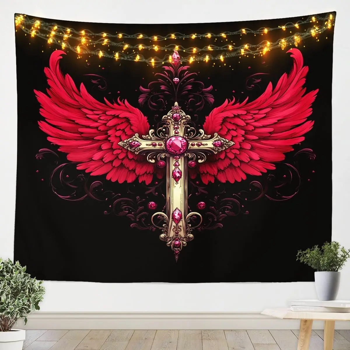 Diamond Cross Tapestry Dreamy Pink Angel Wings Princess Style Tapesrties Decor Living Bedroom Gothic Tribal Mandala Romantic