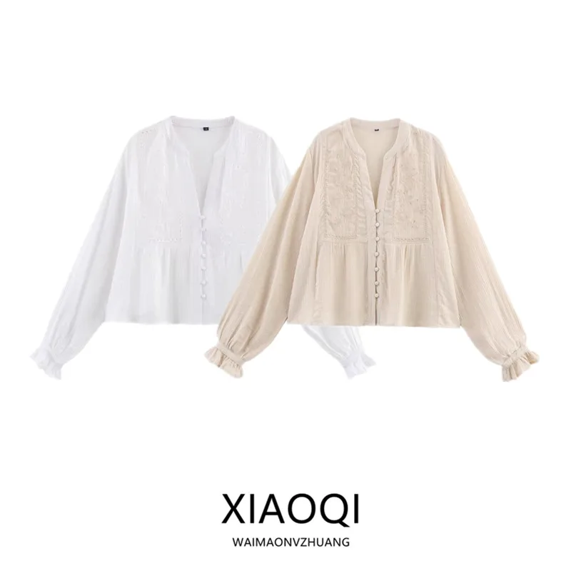 

Spring 2025 Women's Faion Long Sve Embroidered Hollow out irt Versatile Design Loose Fit Regular Length Premium Quali