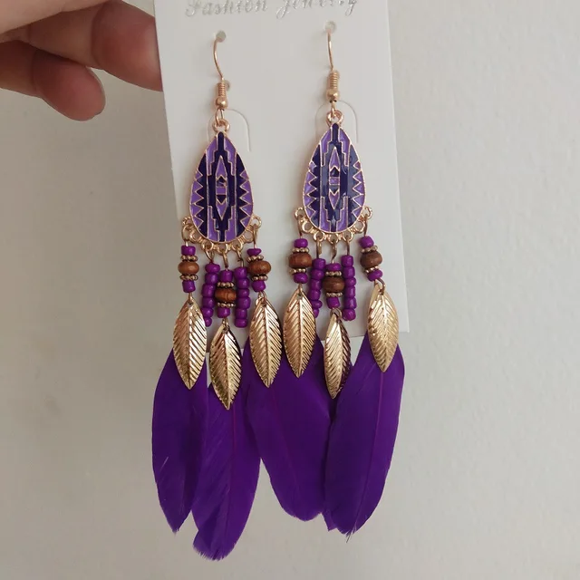 Venta al por mayor de pendientes colgantes con borlas de plumas para mujer, pendientes largos geométricos esmaltados coloridos bohemios, cuentas, joyería hecha a mano