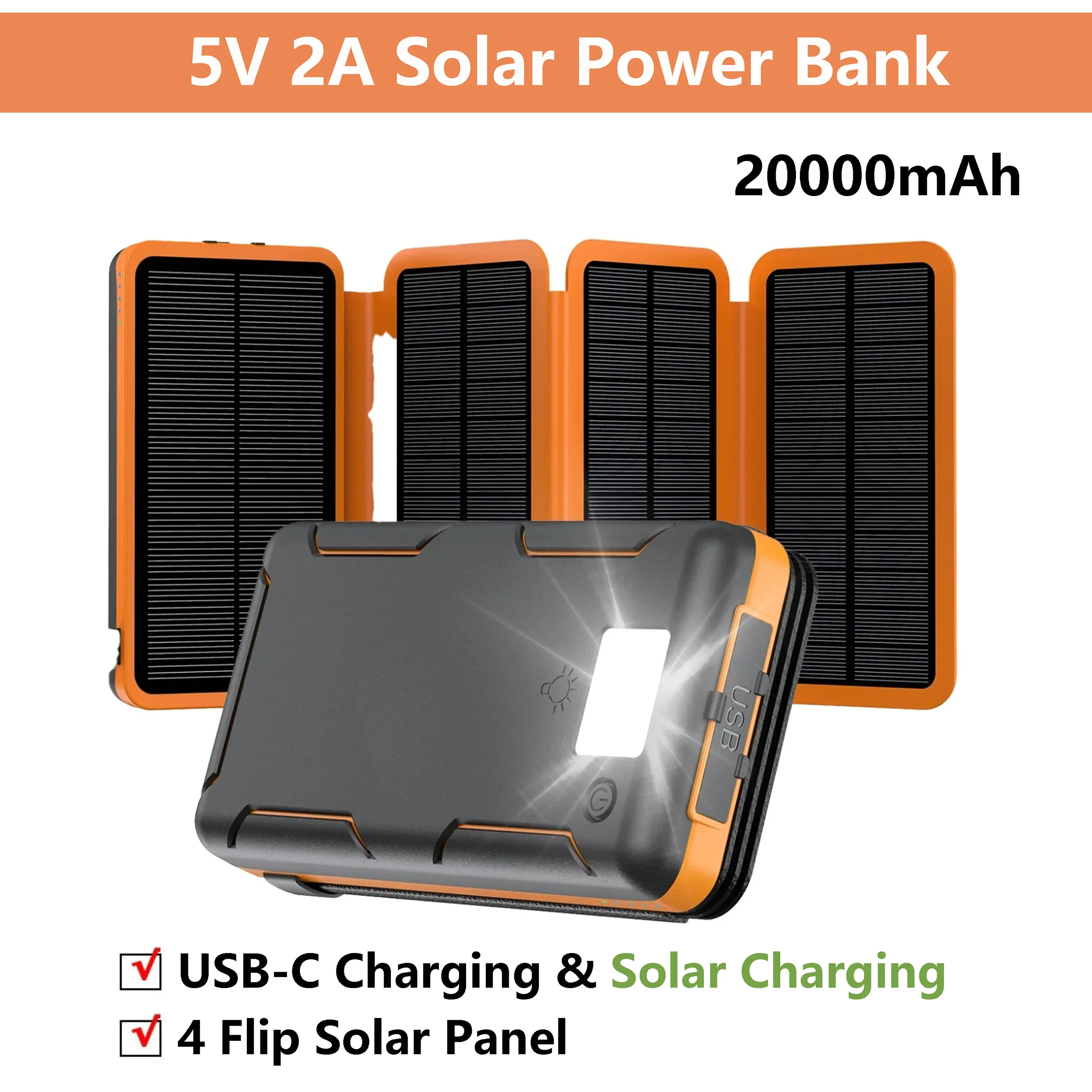 

Flip Panel 5V 2A DC 20000mAh Solar Power Bank iOS/Android USB fast charge dual charging solar/Type-C portable for camping