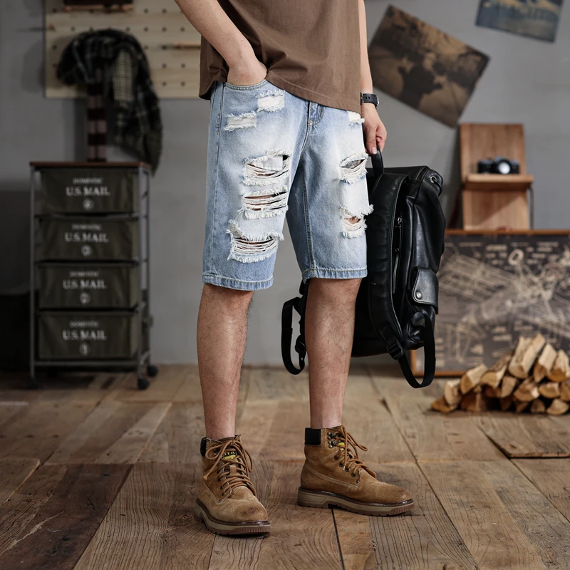 28-48size summer loose large size denim shorts men\'s ripped fashion trendy middle pants American motorcycle plus-sized shorts