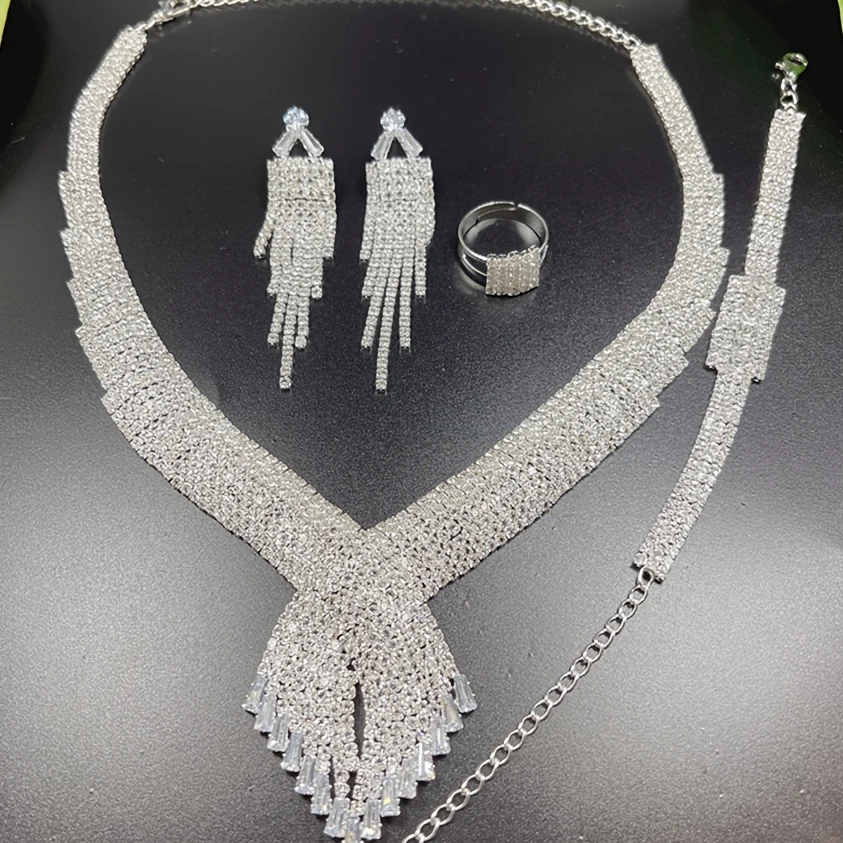4pc Luxury Rhinestone Earrings Necklace Ring Bracelet Set