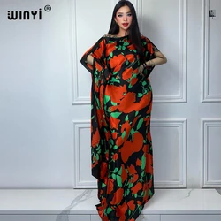 WINYI africa flower Print Dress, Casual Crew Neck Batwing Sleeve Dress, Women's Clothing