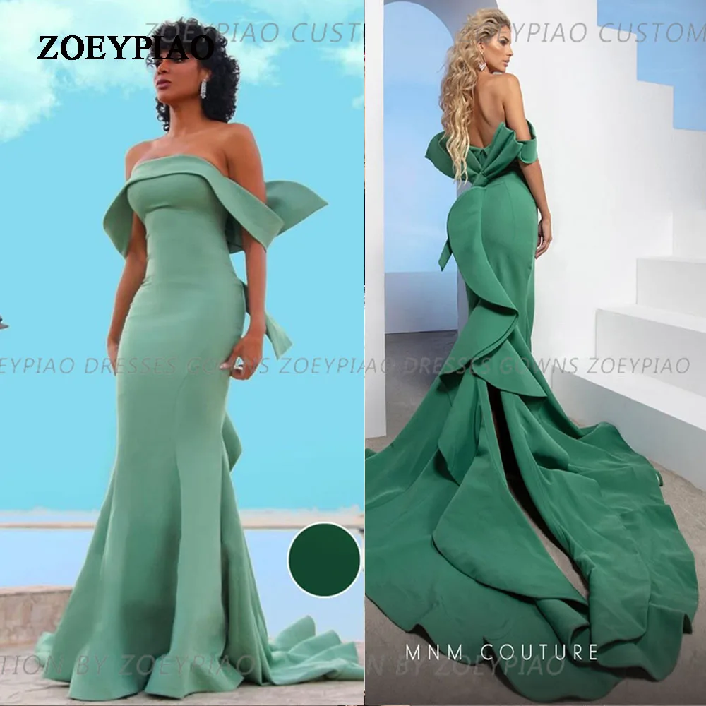 Elegant Green Off Shoulder Short Sleeves Mermaid Stain Evening Dresses Long Floor Length Prom Gowns Formal Occasions 2024