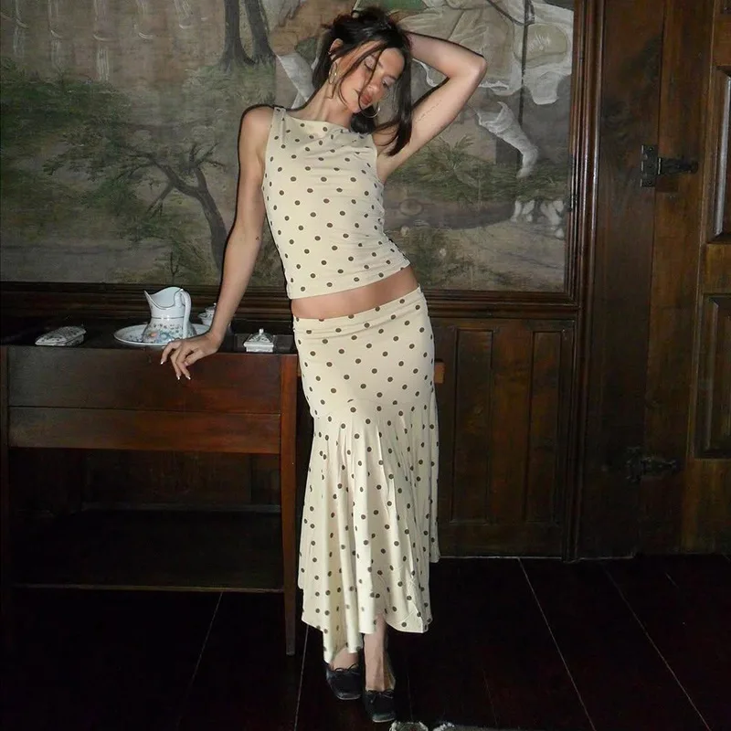 

Tuularose Polka Dot Long Skirt Set For Women O Neck Sleeveless Vest Top Pleated Skirt Set Female Fashion Office Lady Dress Sets