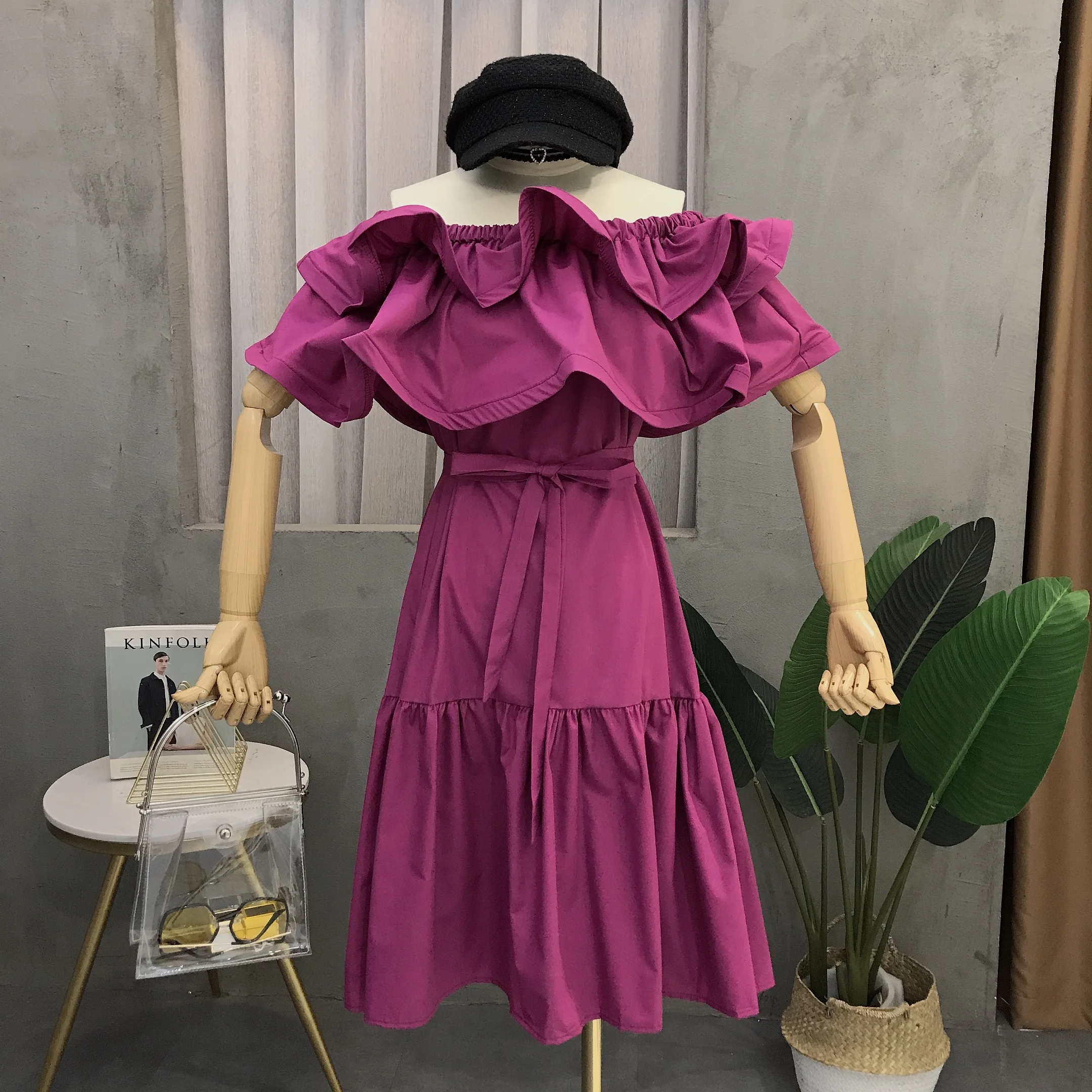 Moda estilo coreano mulheres slash neck dupla camada vestido de gola lótus, vestido de festa elegante marca boêmio vestido de férias