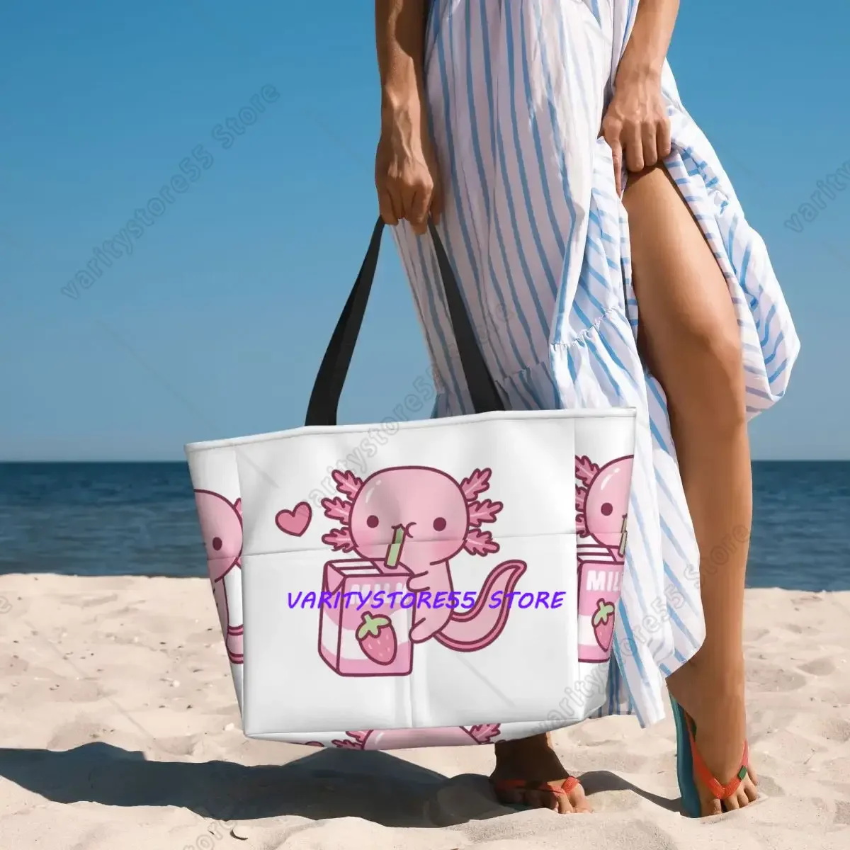 Cute Axolotl Loves Strawberry Milk Doodle Beach Tote Bag Sport Gym Yoga Duffle Large Tote Bag Women Travel  Fitness