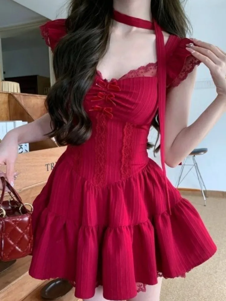 Korean Fashion Y2k Red Elegant Party Wedding Dresses Woman Clothing Holiday Lace Short Mini Dresses Summer One-piece Dress 2025